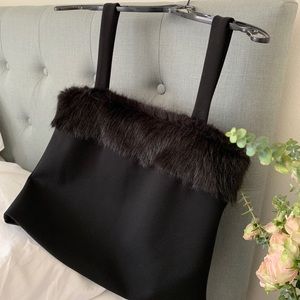 STAUD XS black strappy faux fur top